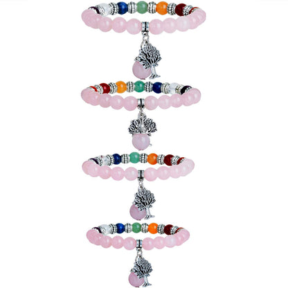 TUMBEELLUWA Beaded Bracelets Semi Precious Stone Yoga Beads Crystals Tree Charm Chakra Bracelet Handmade Jewelry for Women,Rose Quartz(7 Chakra)