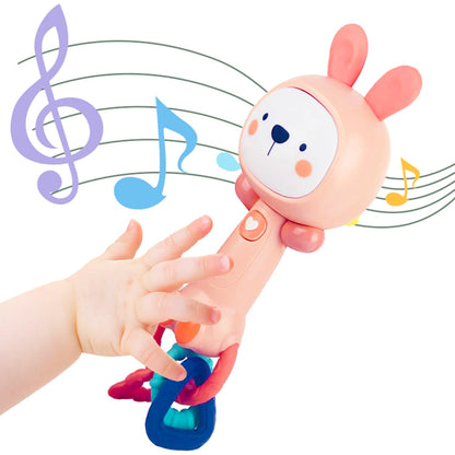 WHNKFB Soft Pink Bunny Baby Musical Rattle Toy - Light-Up Teether & Sensory Chew, BPA-Free Soft Rubber, Baby Shower & 1st Birthday Gift for 6-18 Months 1+ Year Old