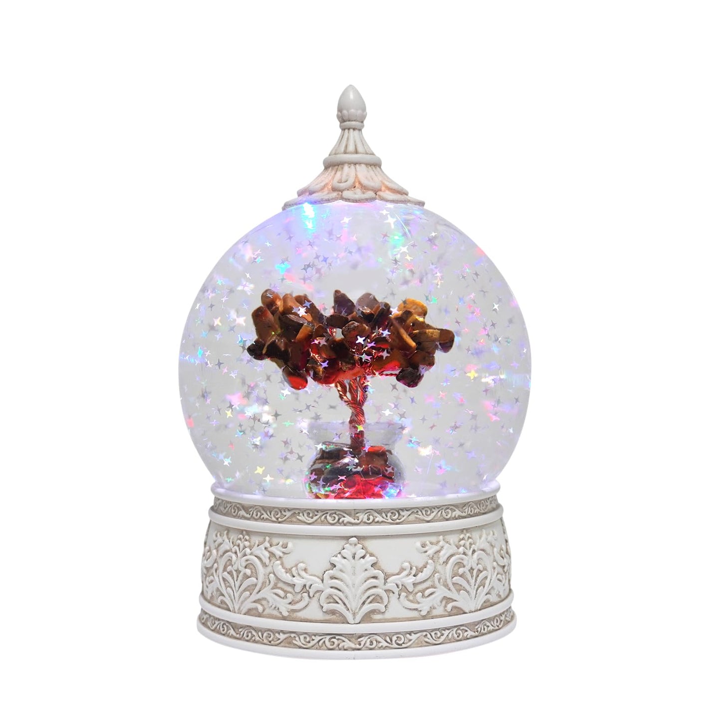 Tiger Eye Healing Crystal Tree Globe with Colorful Lights and Sparkling Glitter, Natural Gemstone Base, Spiritual Meditation, Positive Energy Good Luck, Home Decor, Birthday Gifts (Tiger Eye)