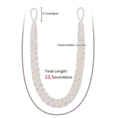NICEEC 2 Pack Natural Cotton Rope Curtain Tiebacks Elegant Boho Style Decorative Drape Tie Backs Soft Hand-Woven Rope Curtain Holdbacks with Metal Hook for Home & Office Drapery (Beige)