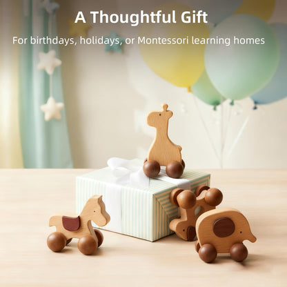 DadCarved Baby Push Car Montessori Toys, 4PCS Wooden Animal Toy Vehicles for Toddlers, Natural Wood Infant Car Toys (Puppy, Elephant, Pony, Giraffe) for Gift and Decor