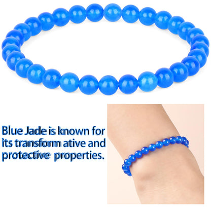 QOGIR Handmade Healing Bracelets,6mm Blue Jade Bracelet - Transformation and Protection - Stone Beads Stretch Bracelet for Women Men