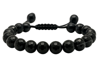 Amazing Gemstone Black Tourmaline Bracelet for Women - Chakra Mens Bracelet Protection Crystals and Healing Stones - Faceted Beaded Bracelet Spiritual Meditation Gift (Adjustable)