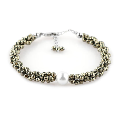 CRYSTALIS Natural Pyrite Beads Twisted Rope Bracelet with Elegant Pearl, High Grade Gemstones, Chakra Healing Stones, Gift Giving Womens Jewelry, 925 Sterling Silver Bracelet 8 inch