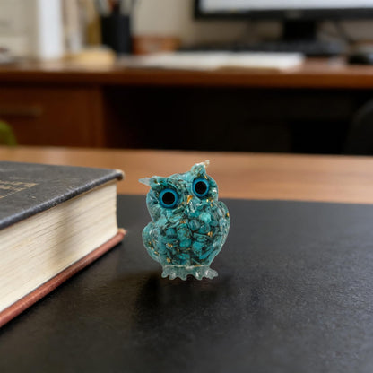 PinpinPony Owl Statue, Natural Gemstones Decor for Home Office, Shelf Display Figurine, Handcrafted Unique Owl Sculpture(Green)