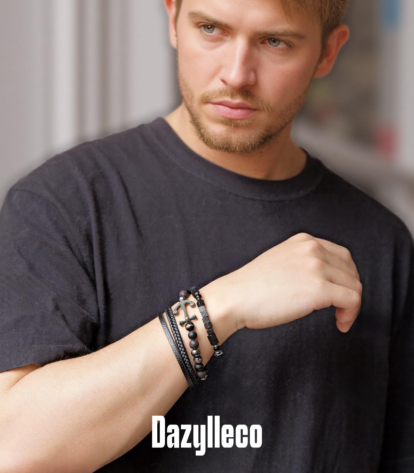 Dazylleco 3pc Mens Beaded Bracelets Silver Stainless Steel Chain Bracelet for Men Handmade Braided Bracelet Sets Jewelry Gifts for Men(89-Black Anchors)