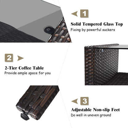 Tangkula 4 Piece Patio Furniture Set, Outdoor Wicker Conversation Set with Glass Top Coffee Table, All Weather Proof and Thick Cushions, Suitable for Porch, Garden, Poolside and Lawn (Brown)