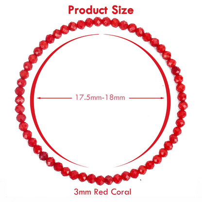BONNY BOXX Natural Genuine Gemstone Faceted Round Beads Bracelets, 3mm Adjustable Stretchy Tiny Faceted Red Coral Bracelet, Healing Crystal Reiki Chakra Dainty Jewelry Fashion Gifts