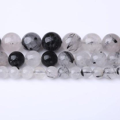 36PCS 10MM Natural Black Rutilated Quartz Stone Beads Energy Healing Beads for DIY Jewelry Bracelet Necklace Making for Jewelry Making15Inch