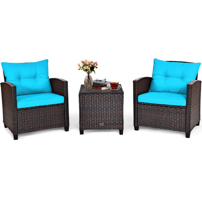 COSTWAY 3PCS Patio Furniture Set, PE Rattan Wicker Sofa w/Washable Cushion and Coffee Table, Tempered Glass Tabletop, Outdoor Conversation Set for Balcony, Porch, Yard, Backyard, Lawn, Turquoise