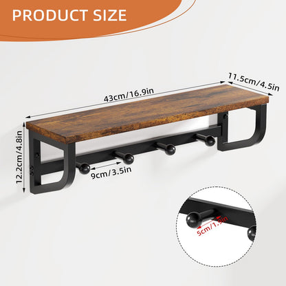 NANAGIFTREE Coat Rack Wall Mount, Wood Wall Shelf with Hooks, Coat Hanger Wall Mount with 4 Metal Hooks, Wall Mounted Coat Rack Organizer for Entryway, Bedroom, Living Room, Room Decor, Brown