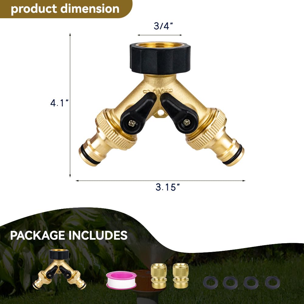 TMOK Garden Hose Splitter 2 Way With 2 Brass Nipple Connector,Heavy Duty Brass Hose Connector Tap Splitter, Y Splitter 2 Valves And Outdoor Faucet with 4 Extra Rubber Washers