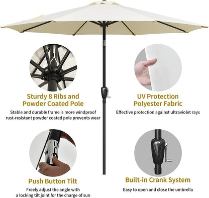 Simple Deluxe 9' Patio Umbrella Outdoor Table Market Yard Umbrella with Push Button Tilt/Crank, 8 Sturdy Ribs for Garden, Deck, Backyard, Pool, Beige