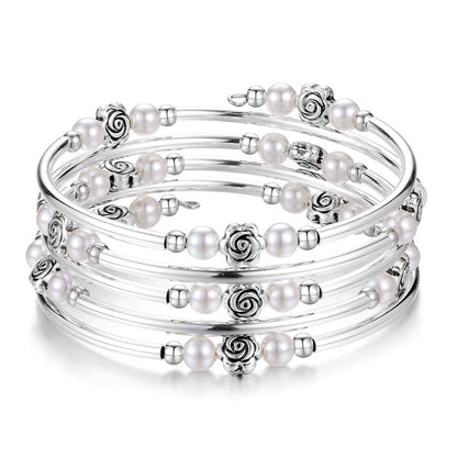 BULINLIN Wrap Bangle Rose Bead Bracelet - Beaded Bracelet with Natural Agate Stone Gifts For Women(01-White pearl)