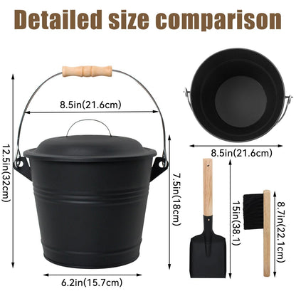 BRIAN & DANY Mini Ash Bucket with Lid and Shovel, 1.3 Gallon Fireplace Bucket with Broom, Ash Can for Fireplace, Ashes, Fire Pit, Wood Burning Stove