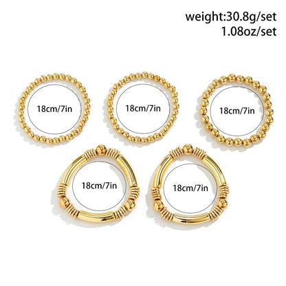 LXSSLY 5Pcs Gold Bangles Bracelets Set for Women,14K Gold Plated Stackable Bead Ball Bracelets Set,Adjustable Bead Bracelets,Boho Stretch Bead Ball Bracelet for Women, 7 in