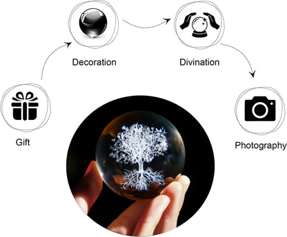 H&D HYALINE & DORA 60mm Tree of Life Crystal Ball with Stand Decorative Paperweight 3D Laser Engraved Glass Plant Life Tree Sphere Novelty Home Decor
