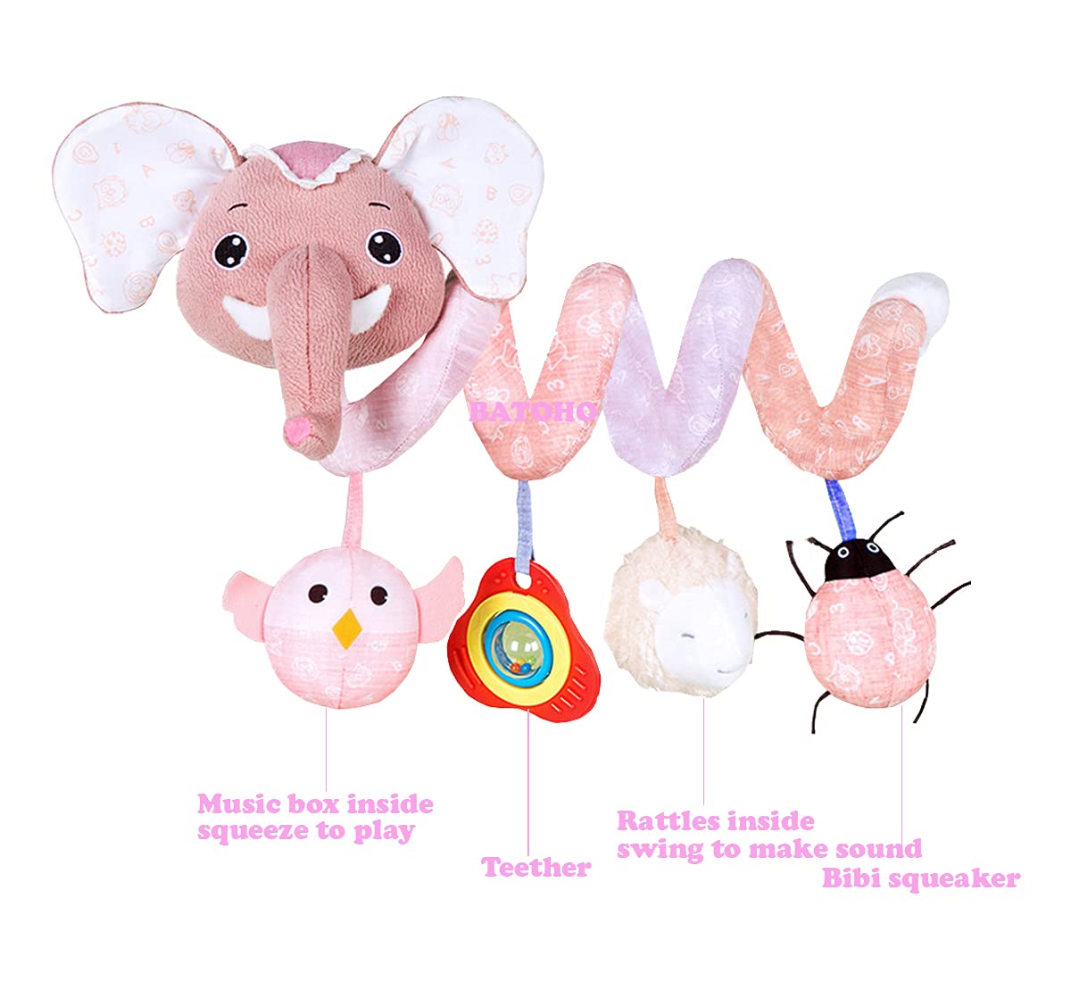 Musical Owl Rattle Sheep Pink Elephant Car Seat Toys for Babies 0-6 Months, Hanging Stroller Toys for Baby Girls 3-6 Month, Newborn Girl Infants Baby Birthday Gift Toy 0-12 Months