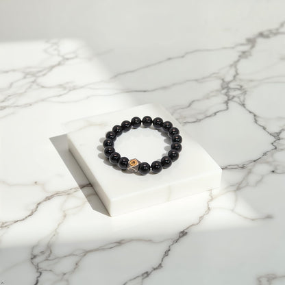 FAIRY CONCEPT Natural Black Obsidian Beaded Bracelet with Metal Charm, Polished Stone Beads, Elastic Stretch Design, Unisex Protection Jewelry