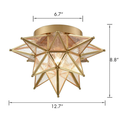 DAYCENT Brass Moravian Star Flush Mount Ceiling Light with Seeded Glass Shade Modern Gold Moroccan Star Ceiling Light Fixture for Hallway Bedroom Kitchen