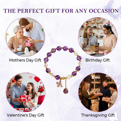 Buddha Stones Amethyst & Butterfly Charm Elastic Bracelet for Women, Handmade Stretch Anxiety Amethyst Crystal Beaded Bracelet, Natural Gemstone Bracelet Jewelry Gift For Mother's Day, Includes Gift Box -8MM