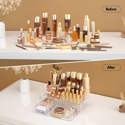 DALEMKY Makeup Organizer for Vanity, Acrylic Large Desk Organizer with Drawers, Ideal Vanity Holder for Cosmetics, Lipsticks, Nail Polish, Skincare, Countertop, Bathroom, Dresser