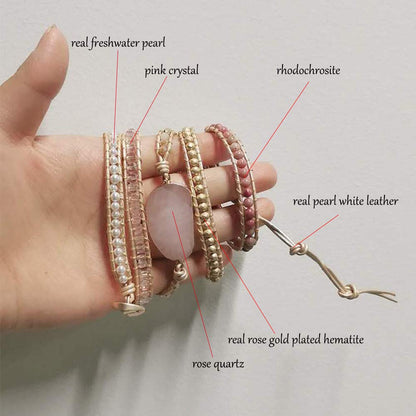 Plumiss Women Rose Quartz Wrap Bracelets Handmade Natural Stone Bead Crystal Hematite Mixed Strand Bracelet Jewelry