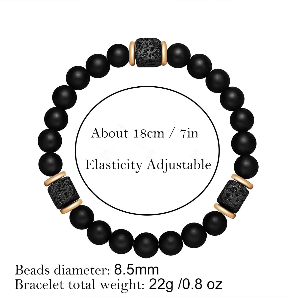B-JWYFY Elastic Adjustable Mens Bracelet - 8mm Black Onyx & Lava Stone Beads Bracelets Jewelry Gift for Men, Beads Charm Bracelet with Elastic Cord, Birthday Gifts for Him Dad Husband