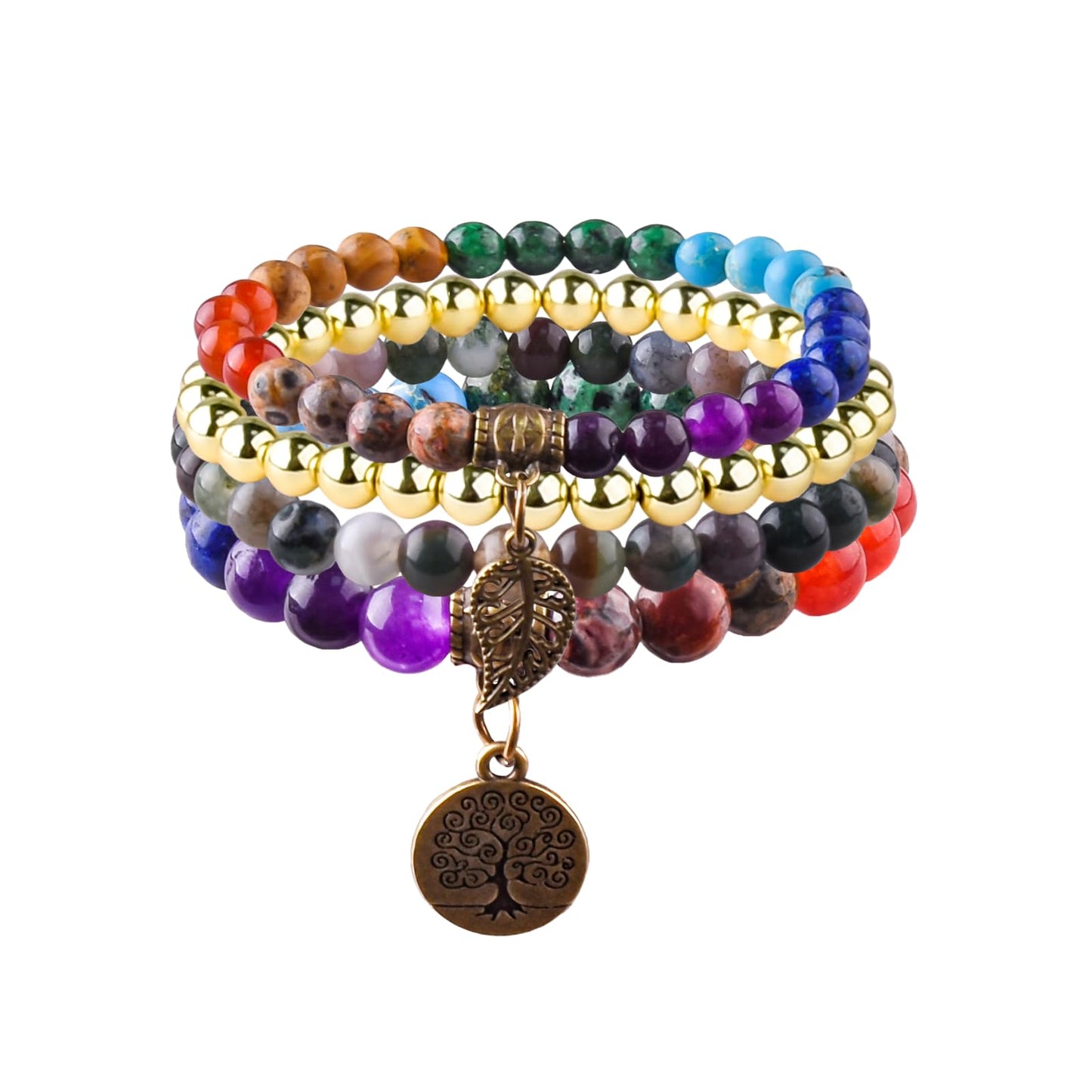 JTK Design Natural Semi Precious Gemstone beads bracelet for women Seven Chakra Healing Crystal Stretch Stackable Bracelets with Yoga Charms 4in1 set
