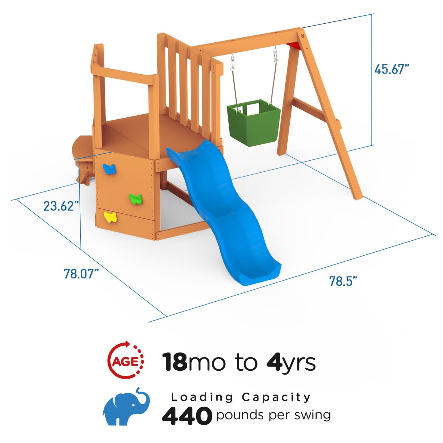 Dolphin Playground 5-in-1 Toddler Swing Sets with Slide for Backyard, Toddler Outdoor Playset with Baby Swing, Table, Blackboard, Kid Slide, Rock Climbing Wall, Ages 18 mo to 4 yrs