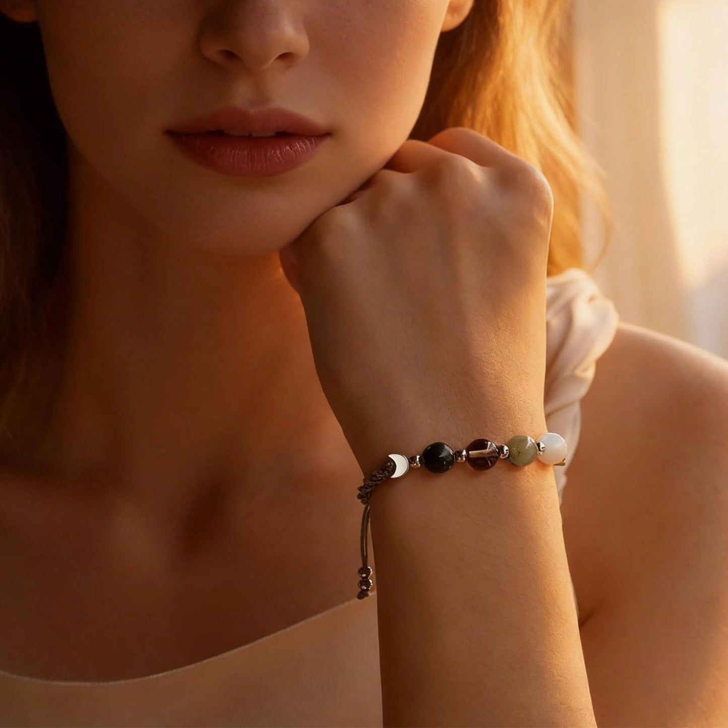 TACBSP Moon Phase Bracelet for Women Meditation Relaxation Crystal Bracelet Natural Moonstone Beaded Bracelets Crystal Healing Bracelet Friendship Jewelry Gift (A.)