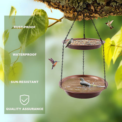 Keygift Hanging Bird Bath for Outdoor, 2-in-1 Antique Copper Metal Bird Feeder&Birdbath Bowls with 23" Rust-Proof Black Chains Backyard Birdbath Garden Decor