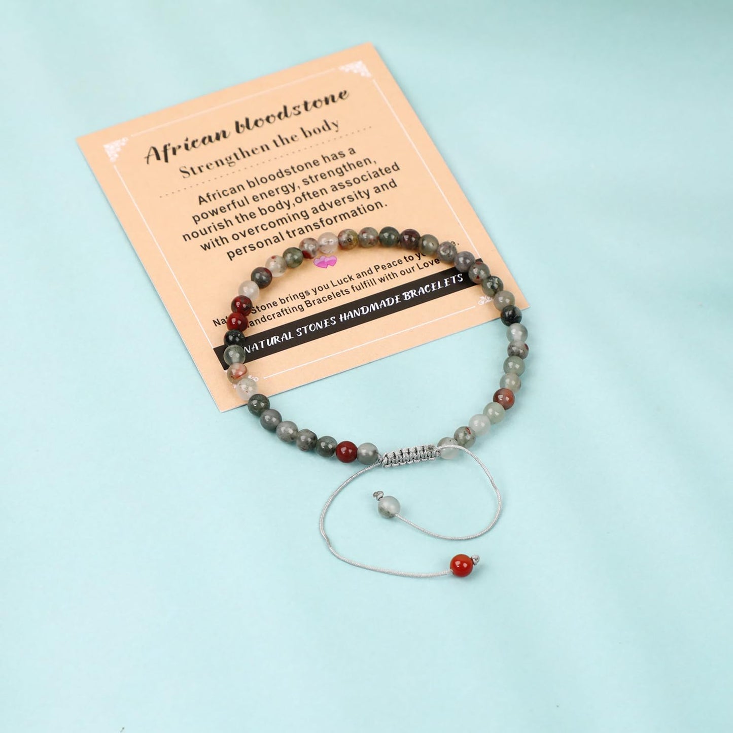 AD Beads 4mm African bloodstone - Strengthen the body - Handmade Natural Stone Crystal Bracelet with Adjustable Macrame String - Yoga Healing Power Energy Gifts for Men and Women
