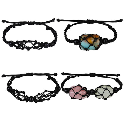 WEWAYSMILE 2 Pcs Empty Crystal Bracelet Holder Adjustable Stone Cage Cord Nylon Braided Netted Holder Crystal Bracelets Cord for DIY Bracelet Making(Black)