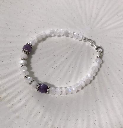 Customized 5mm Faceted Moonstone and Phosphosiderite Bracelet. Sterling Silver Accent Beads. New Beginning-Emotional Balance.