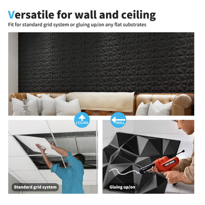 Art3d Decorative 3D Wall Panels in Diamond Design, 12"x12" Matt Black for Home and Office Decor (33 Pack)