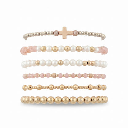 NoctisNest 6 Pcs Layered Cross Bracelet for Women, Pink Gold Stackable Pearl Beaded Bracelets for Her Mom Girlfriend, Dainty 14K Gold Plated Bracelet Set for Mothers Day Gifts