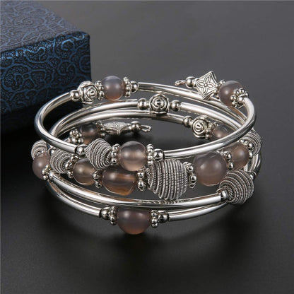 PEARL&CLUB Beaded Chakra Bangle Turquoise Bracelet - Fashion Jewelry Wrap Bracelet with Thick Silver Metal and Mala Beads, Birthday Gifts For Women(Agate grey)