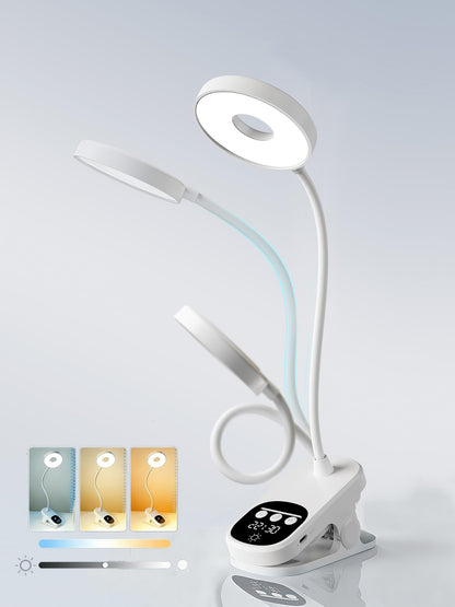 Wireless Clip on LED Desk Lamp, 1800mAh Rechargeable Eye-Caring Bedside Reading Light with Clock & Timer, 3 Color Temperatures 360° Rotatable for Dorm Room Home Office Camping Blackout (White)
