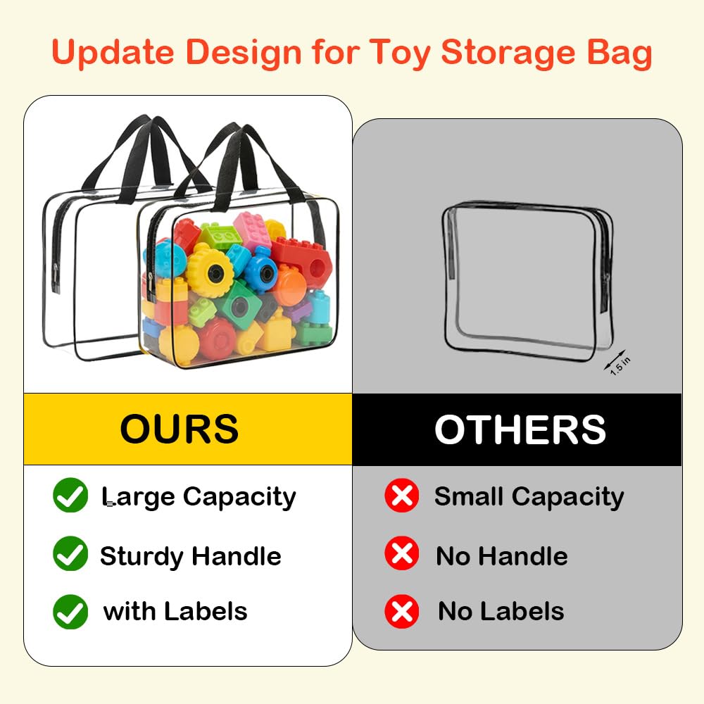 6 Packs Extra Large Toy Storage Bags with Zipper, Reusable Clear PVC Toy Organizer Bag with Labels for Blocks, 11.8″×8.6″×3.9″ Travel Waterproof Organizer Bags for Puzzles, Plastic Toy Container
