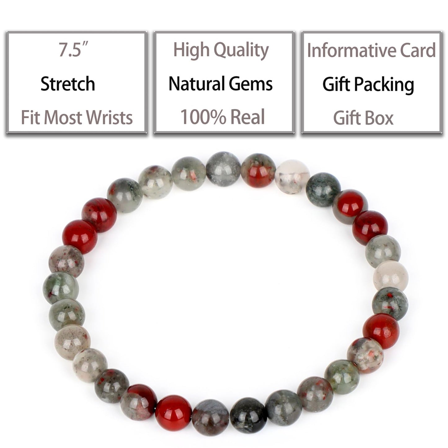 QOGIR African Bloodstone Bracelet - Stone of Glory Bracelet for Men Women - Handmade Natural Gem Stone Beaded Stretch Elastic Healing Bracelets 6mm