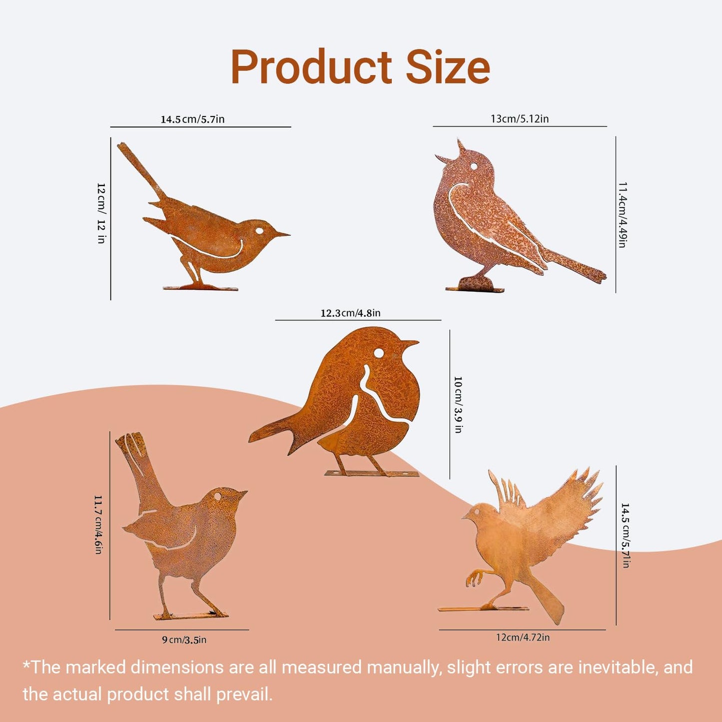 Rusty Birds Decoration Rustic Metal Yard Decor - 5 Pcs Sculpture for Wall & Garden Stakes