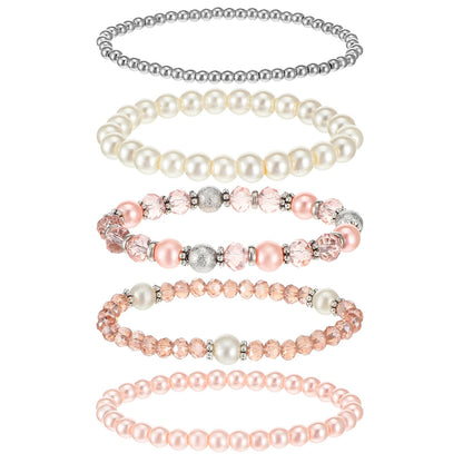DIVINA VITAE 5 Pcs Beaded Stretch Bracelets Pink Stackable Bracelets Boho Beaded Bracelet Stretch Layering Crystal Stone Bead Bracelet Trendy Costume Jewelry Gifts for Women
