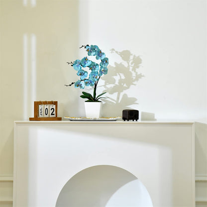 YSZL 15 Inches Tall Artificial Silk Phalaenopsis Orchid Flower Plant Pot Teal Arrangements (Golden Blue)