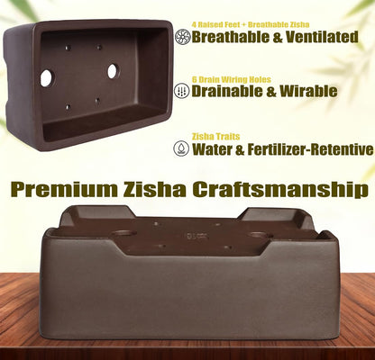 MUZHI Unglazed Zisha Bonsai Pot with Humidity Tray, Rectangle Bonsai Tree Planter with Drainage for Ficus, Succulent etc. (Classic Rectangle)