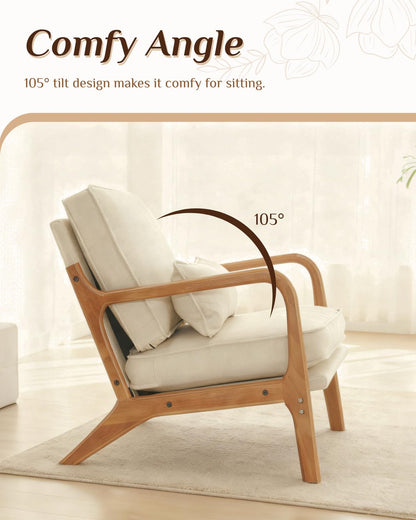 Karl home Accent Chair Mid-Century Modern Chair with Pillow Linen Fabric Upholstered Lounge Arm Chair with Solid Wood Frame & Soft Cushion for Living Room, Bedroom, Balcony, Beige