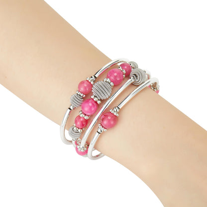 PEARL&CLUB Beaded Chakra Bangle Turquoise Bracelet - Fashion Jewelry Wrap Bracelet with Thick Silver Metal and Mala Beads, Birthday Gifts For Women(Hot pink)