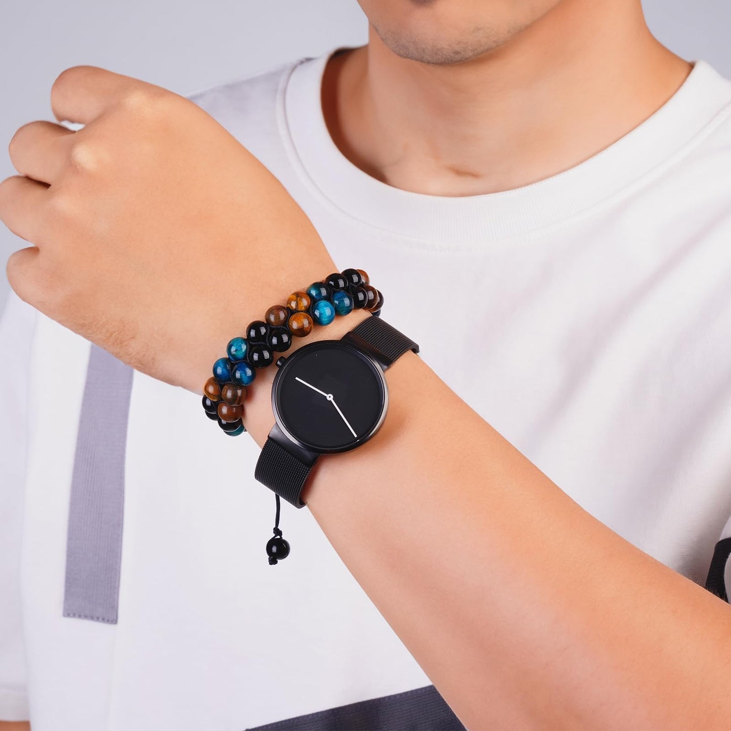 PAKUNDAS Handmade Triple Protection Bracelet,Bracelets for Men Natural Tiger Eye Jewelry Stone Hematite and Blue Stone Hematite 8mm Crystal Bracelet - Adjustable Size with Premium Gift-Box