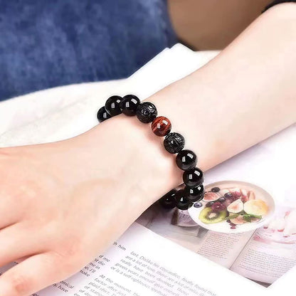 Black Obsidian Bracelet,Feng Shui Black Obsidian Wealth Bracelet for Women Men Couples Handmade Stretch Obsidian Bracelet Bangle with Carved Pixiu Tiger Eye Stone Attract Wealth Money and Good Luck