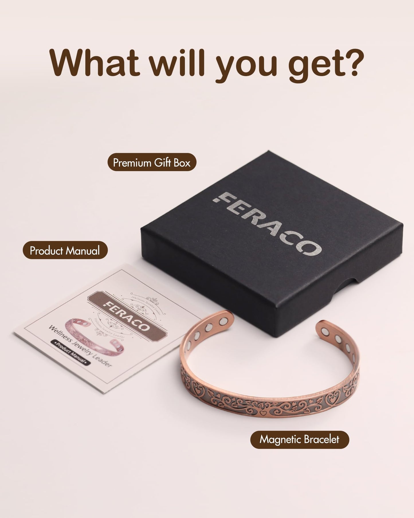 Feraco Copper Bracelets for Women Enhanced Strength Magnetic Bracelets for Women with 3800 Gauss Magnets, Pure Copper Jewelry Adjustable Cuff Bangle with Giftable Box (Original Design)